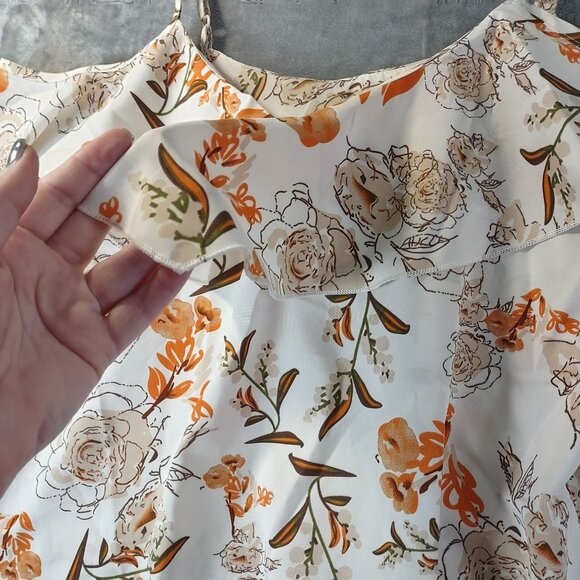 Shein Womens Floral Cold Shoulder Ruffle Top‎ S White Orange Summer Boho Casual - Picture 4 of 9
